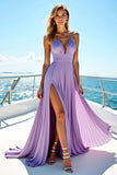 Lilac Halter Pleated Chiffon A Line Bridesmaid Dress with Slit