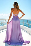 Lilac Halter Pleated Chiffon A Line Bridesmaid Dress with Slit