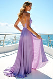 Lilac Halter Pleated Chiffon A Line Bridesmaid Dress with Slit