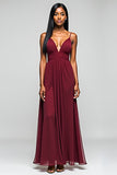 Burgundy Spaghetti Straps A Line Long Chiffon Bridesmaid Dress