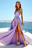 A Line Lilac V Neck Pleated Long Bridesmaid Dress with Slit