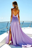 A Line Lilac V Neck Pleated Long Bridesmaid Dress with Slit