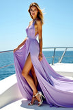 A Line Lilac V Neck Pleated Long Bridesmaid Dress with Slit