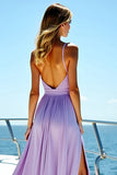 A Line Lilac V Neck Pleated Long Bridesmaid Dress with Slit