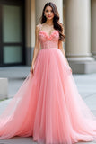 Pretty Pink A Line 3D Flower Long Prom Dress with Beading