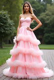 Pink Ball Gown Sweetheart Tiered Long Prom Dress with Ruffles