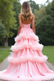 Pink Ball Gown Sweetheart Tiered Long Prom Dress with Ruffles