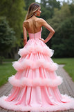 Pink Ball Gown Sweetheart Tiered Long Prom Dress with Ruffles