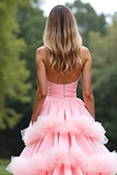 Pink Ball Gown Sweetheart Tiered Long Prom Dress with Ruffles