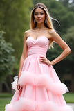 Pink Ball Gown Sweetheart Tiered Long Prom Dress with Ruffles