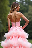 Pink Ball Gown Sweetheart Tiered Long Prom Dress with Ruffles