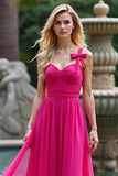 A Line Fuchsia Chiffon Sweetheart Long Bridesmaid Dress