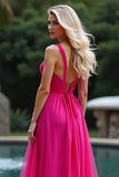 A Line Fuchsia Chiffon Sweetheart Long Bridesmaid Dress