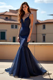 Navy Spaghetti Straps V Neck Lace Mermaid Long Prom Dress