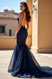 Navy Spaghetti Straps V Neck Lace Mermaid Long Prom Dress