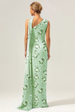 Green Flower One Shoulder Sheath Floral Bridesmaid Dress with Ribbon