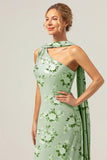 Green Flower One Shoulder Sheath Floral Bridesmaid Dress with Ribbon