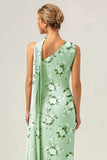 Green Flower One Shoulder Sheath Floral Bridesmaid Dress with Ribbon