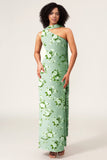 Green Flower One Shoulder Sheath Satin Floral Bridesmaid Dress