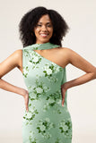 Green Flower One Shoulder Sheath Satin Floral Bridesmaid Dress