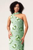 Green Flower One Shoulder Sheath Satin Floral Bridesmaid Dress