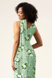 Green Flower One Shoulder Sheath Satin Floral Bridesmaid Dress