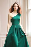 Dark Green One Shoulder A-Line Flowy Bridesmaid Dress