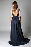 A Line Navy Spagehtti Straps Floor Length Chiffon Bridesmaid Dress