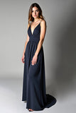 A Line Navy Spagehtti Straps Floor Length Chiffon Bridesmaid Dress