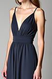 A Line Navy Spagehtti Straps Floor Length Chiffon Bridesmaid Dress