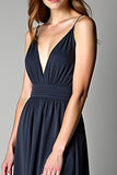 A Line Navy Spagehtti Straps Floor Length Chiffon Bridesmaid Dress