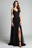 Black A Line V-Neck Floor Length Pleated Formal Dress with Slit