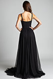 Black A Line V-Neck Floor Length Pleated Formal Dress with Slit