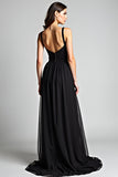 Black A Line V-Neck Floor Length Pleated Formal Dress with Slit