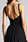 Black A Line V-Neck Floor Length Pleated Formal Dress with Slit