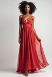 Red V Neck A Line Long Chiffon Bridesmaid Dress