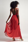 Red V Neck A Line Long Chiffon Bridesmaid Dress