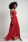 Red V Neck A Line Long Chiffon Bridesmaid Dress