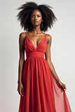 Red V Neck A Line Long Chiffon Bridesmaid Dress