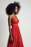 Red V Neck A Line Long Chiffon Bridesmaid Dress