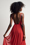 Red V Neck A Line Long Chiffon Bridesmaid Dress