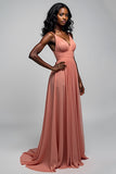 Watermelon A Line V Neck Ruched Chiffon Floor Length Bridesmaid Dress