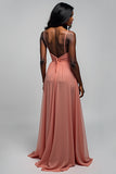 Watermelon A Line V Neck Ruched Chiffon Floor Length Bridesmaid Dress