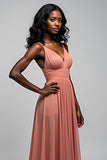 Watermelon A Line V Neck Ruched Chiffon Floor Length Bridesmaid Dress