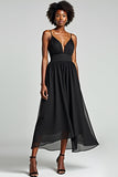 Black A Line Spaghetti Straps Tea Length Chiffon Bridesmaid Dress