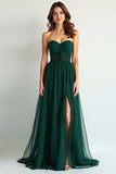 Dark Green Sweetheart A Line Chiffon Floor Length Bridesmaid Dress with Slit