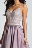 Purple Spaghetti Straps High Waist A-Line Prom Dress