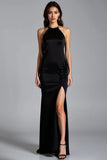 Black Halter Sheath Floor Length Formal Dress with Slit