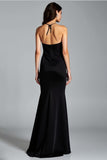 Black Halter Sheath Floor Length Formal Dress with Slit