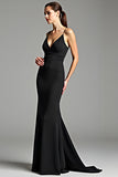 Black Spaghetti Straps V Neck Sheath Backless Formal Dress